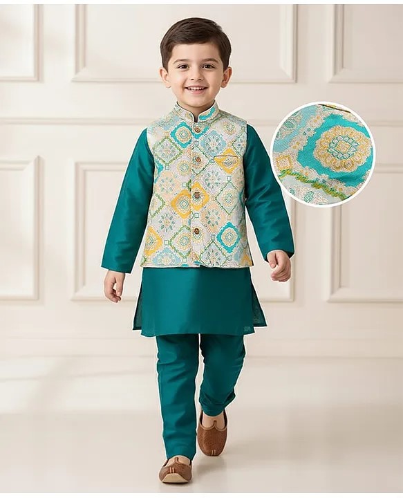 Babyhug Cotton Blend Full Sleeves Kurta Pajama Set with Jacket & Motif Embroidery - Teal Blue